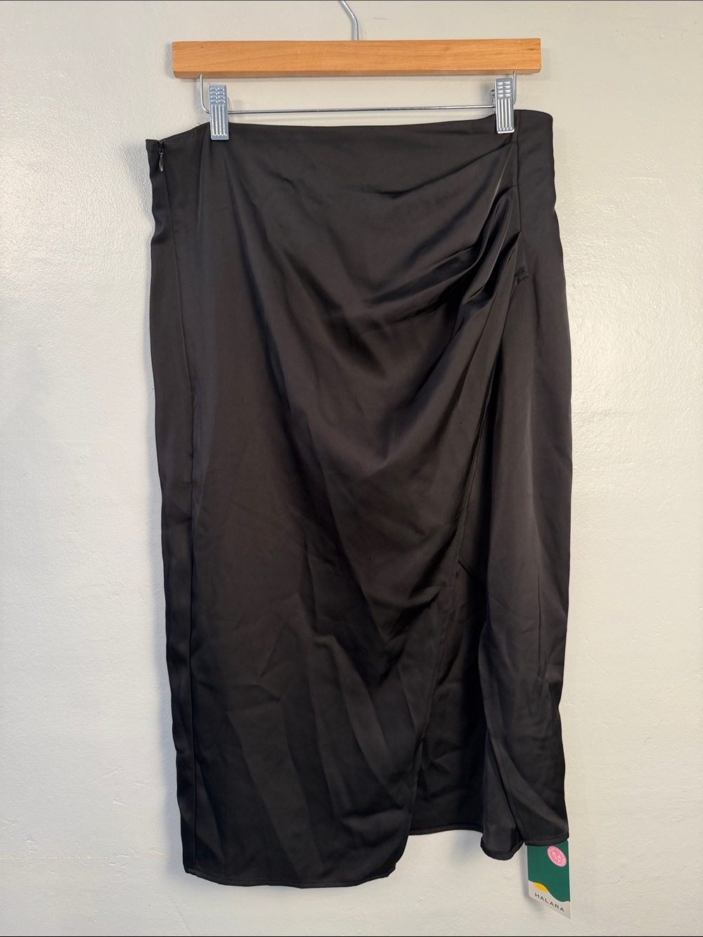 HALARA Black Satin Draped Midi Skirt faux wrap size 12